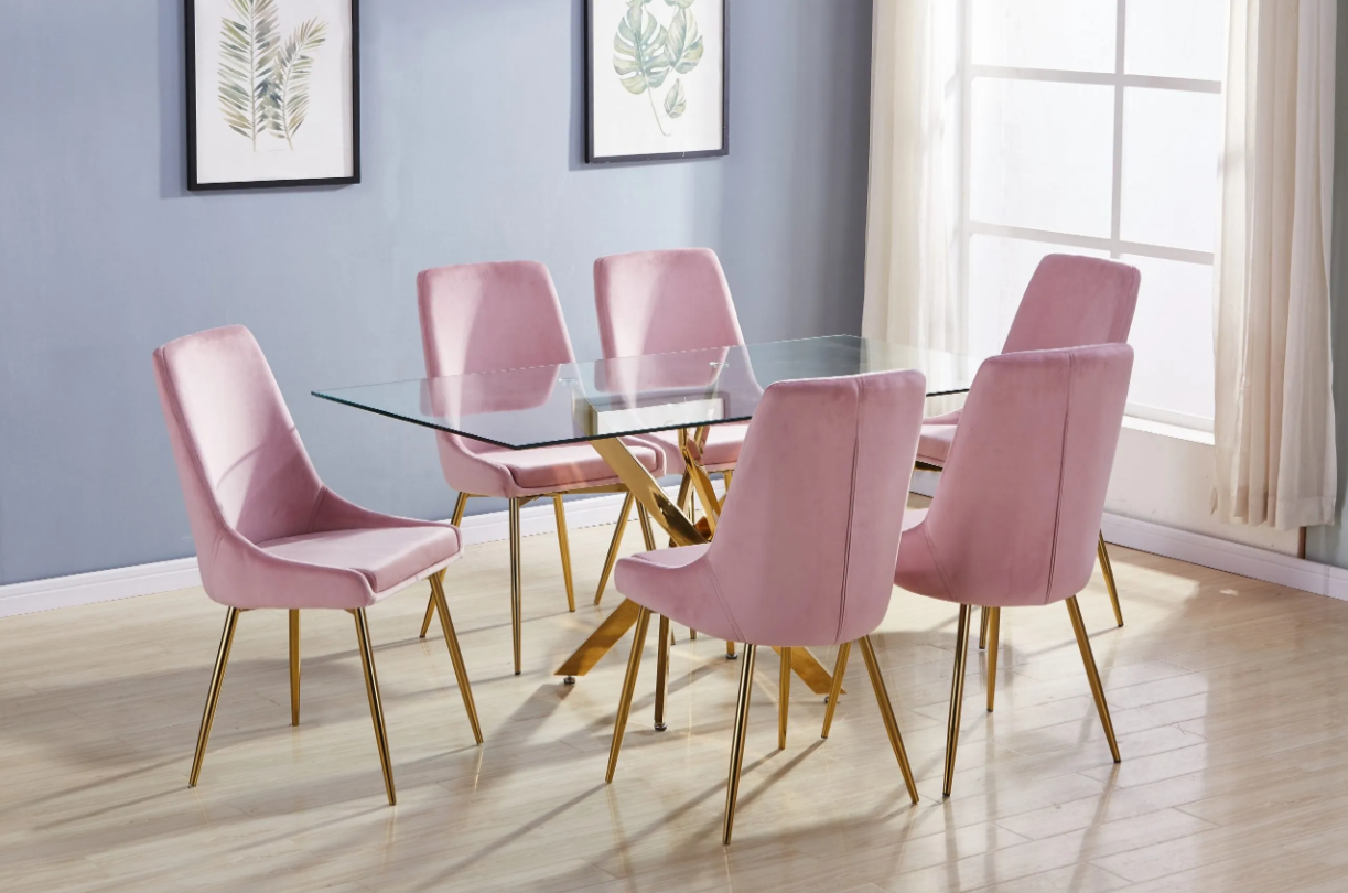 Glass table discount and pink chairs